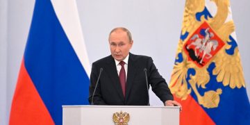 RUSSIE : DISCOURS DU PRÉSIDENT RUSSE VLADIMIR POUTINE LORS D’UNE CÉRÉMONIE AU KREMLIN LE 30 SEPTEMBRE 2022