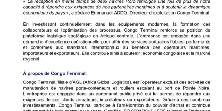 Congo Terminal reçoit simultanément deux navires Roro et décharge plus de 900 véhicules en un temps record